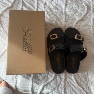 Black Slide Sandals with Gold Buckles